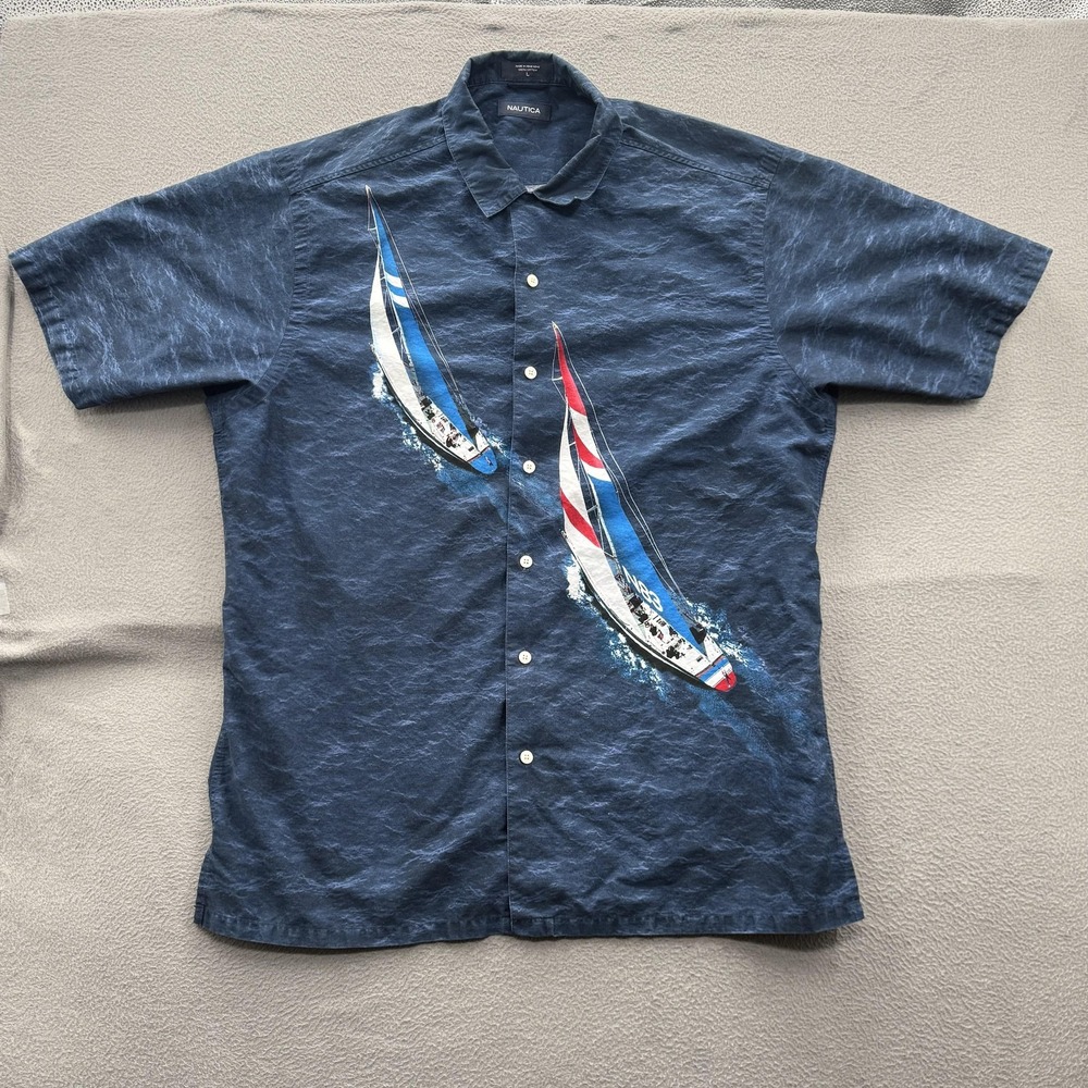 Vintage Nautica Shirt Mens Large Blue Sailboat Graphic Short Sleeve Hong Kong